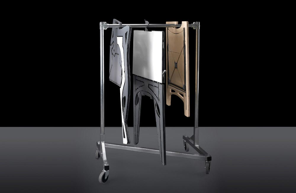 Leaf, Cricket, and Tilt hanging on a rack