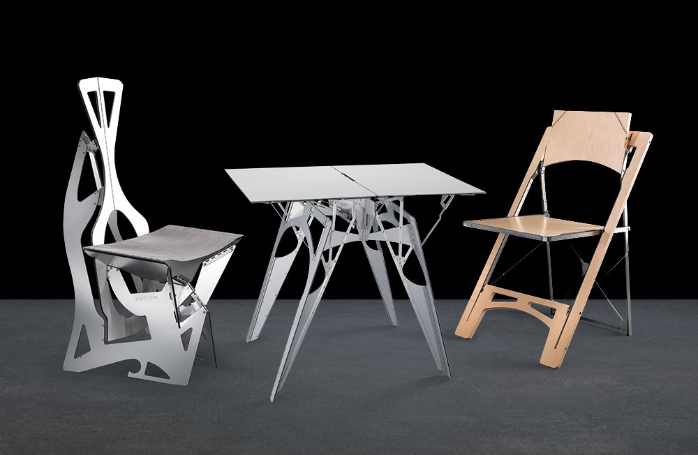 Leaf and Tilt folding chairs and Cricket folding table